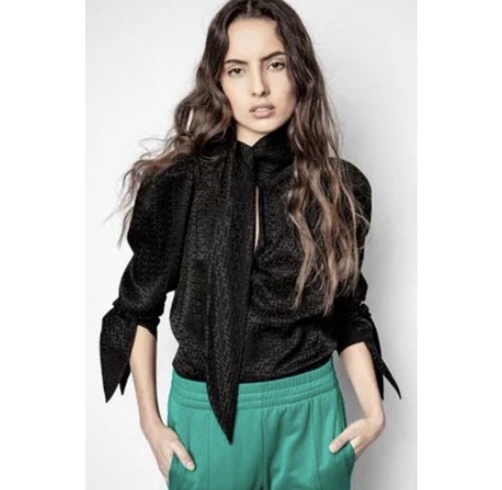 Zadig & Voltaire Bowy Jac Zv Blouse XS Black Whimsigoth Neck Tie Romantic Chic